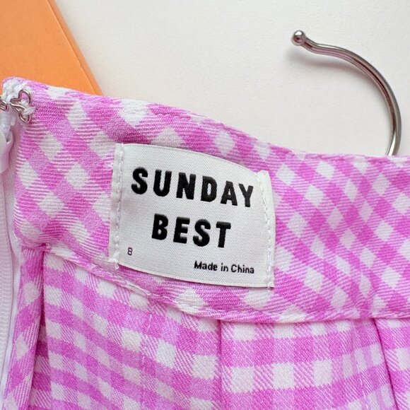 Aritzia Sunday Best Olive Pleated Mini Skirt Gingham Purple Size 8 - Picture 5 of 6